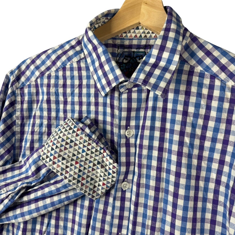 Robert Graham Mens Classic Fit Gingham Check Button Down Shirt Blue Purple M